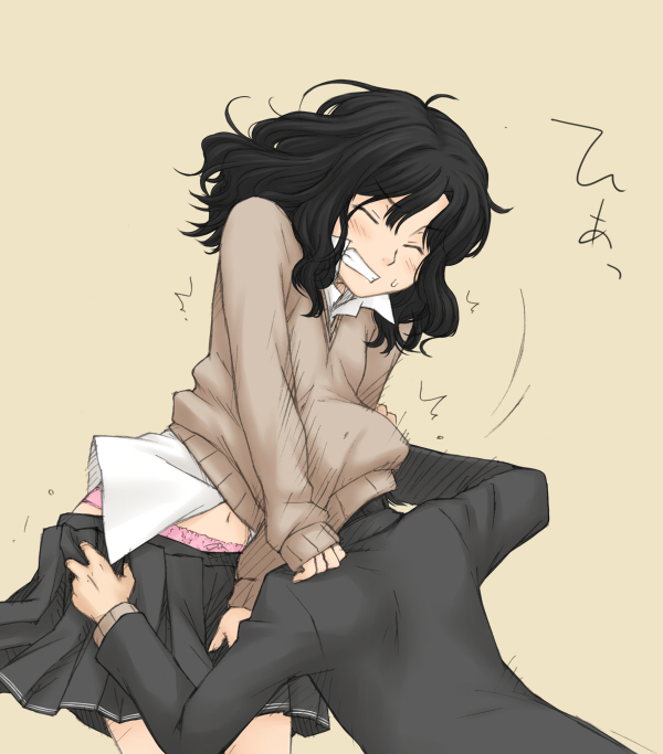 sinsan, tanamachi kaoru, amagami, under shirt, angry, black hair, blush, closed eyes, curly hair, embarrassed, head under another's clothes, head under shirt, messy hair, midriff, navel, panties, pink panties, school uniform, short hair, sweater, under another's clothes, underwear, wavy hair