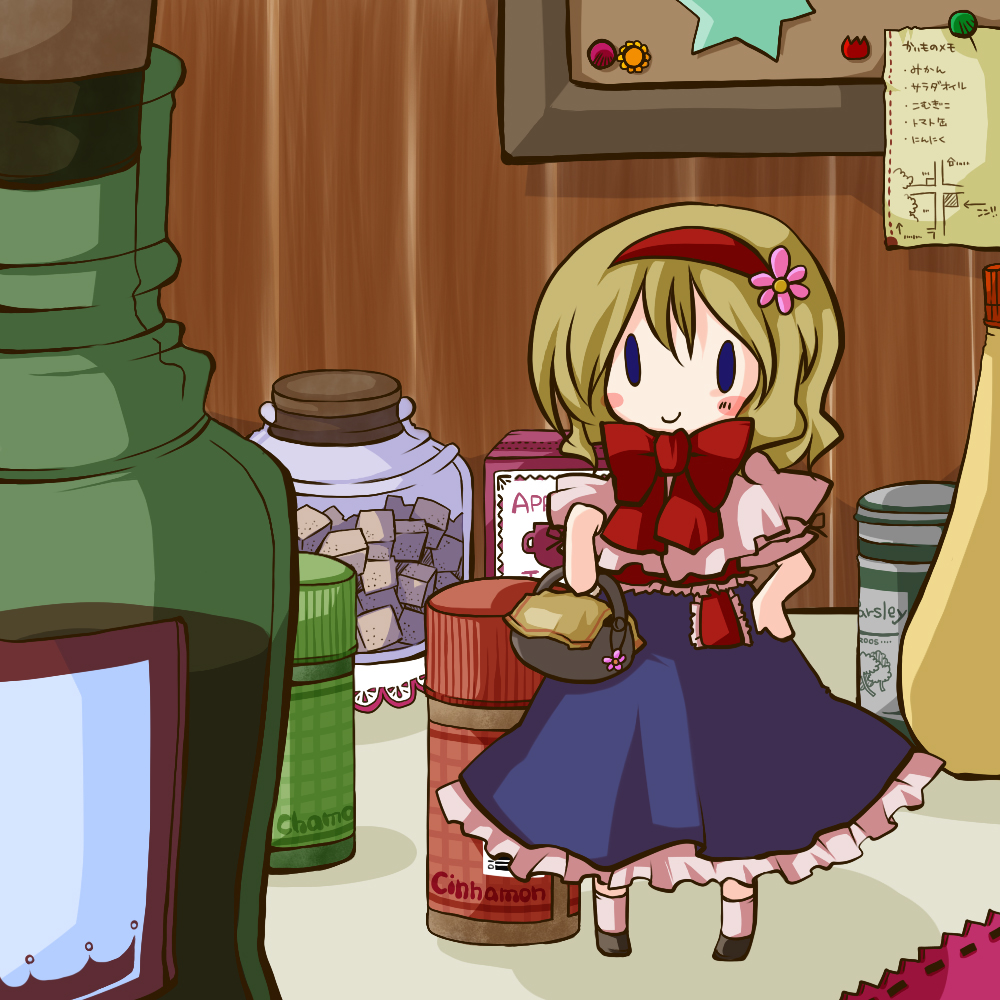 futami yayoi, alice margatroid, touhou, 1girl, basket, blonde hair, blue eyes, chibi, female focus, full body, hairband, indoors, mini person, minigirl, ribbon, solo, standing