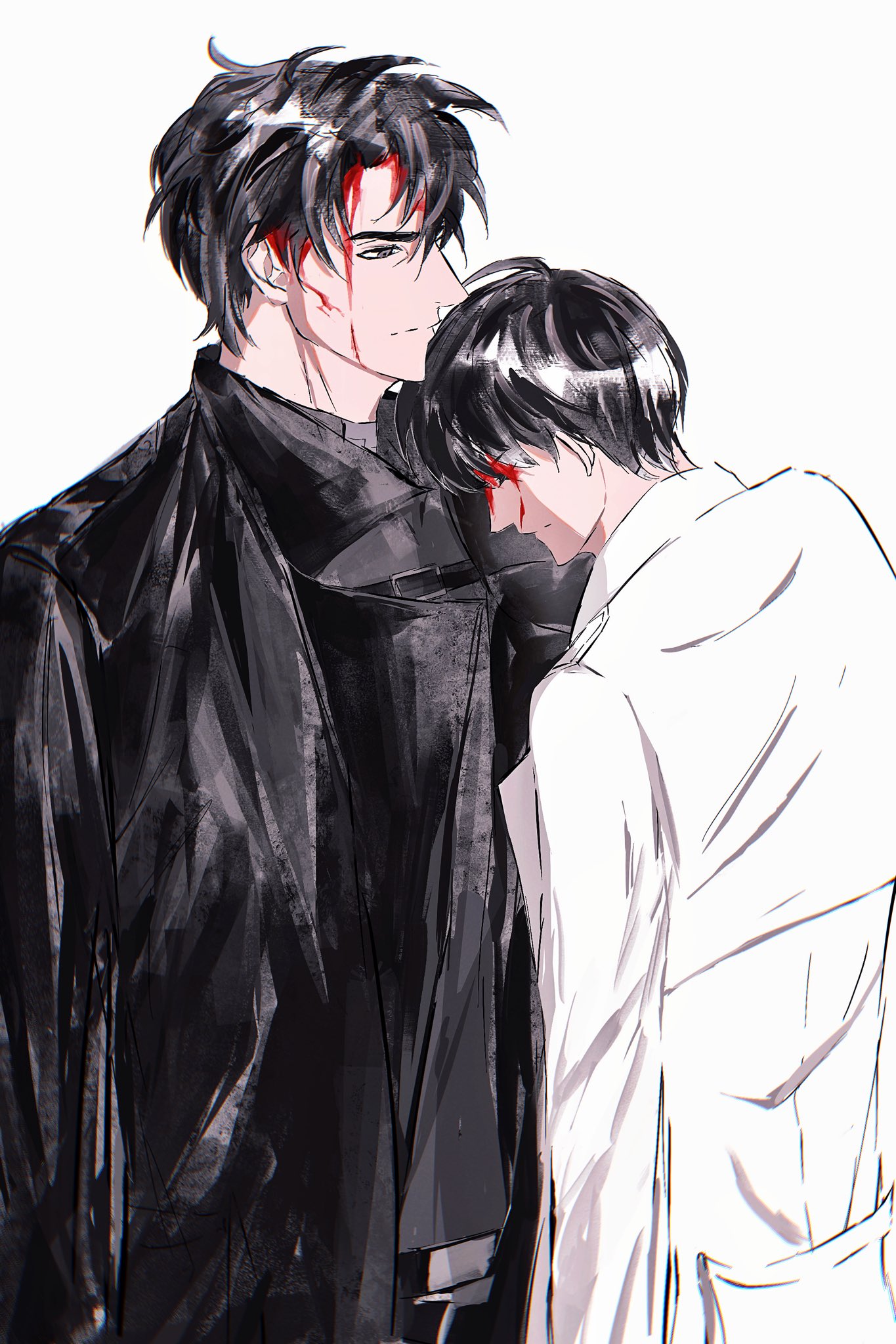 kim dokja, yoo joonghyuk, omniscient reader's viewpoint, highres, 2boys, 8d2suga9, black coat, black eyes, black hair, blood, blood from forehead, blood on face, closed eyes, coat, curtained hair, head on another's shoulder, male focus, multiple boys, narrowed eyes, open clothes, open coat, popped collar, serious, short hair, white coat, yaoi