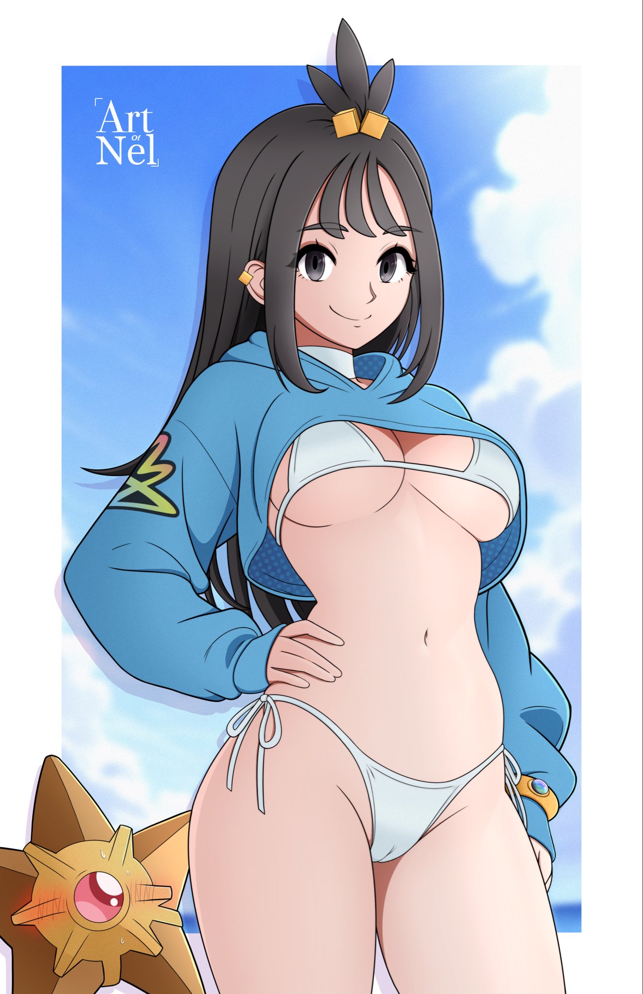 lida (pokemon), staryu, nintendo, pokemon, pokemon legends: z-a, highres, 1girl, artist name, artofnel, bikini, black hair, blue hoodie, blue sky, border, bracelet, breasts, cameltoe, closed mouth, cloud, cowboy shot, cropped hoodie, cube hair ornament, day, gen 1 pokemon, grey eyes, hair ornament, hand on own hip, hood, hoodie, jewelry, long hair, medium breasts, mega ring, navel, ocean, outdoors, pokemon (creature), side-tie bikini bottom, sky, smile, stomach, swimsuit, thighs, topknot, very long hair, white bikini, white border
