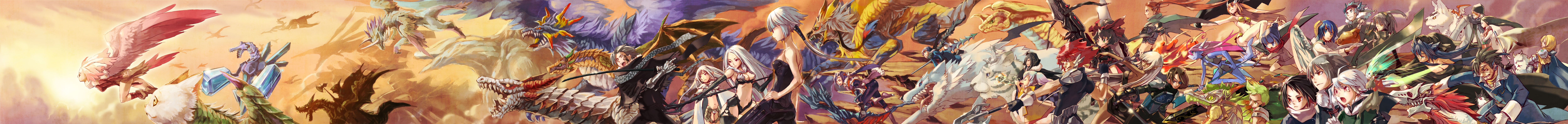 gin (oyoyo), cararina, pixiv fantasia, pixiv fantasia 3, absurdres, highres, incredibly absurdres, long image, wide image, 6+boys, 6+girls, armor, barding, dragon, dragon girl, flying, food, gigandal federation, headband, midriff, monster girl, multiple boys, multiple girls, riding, sword, turkey (bird), turkey (food), weapon, wings