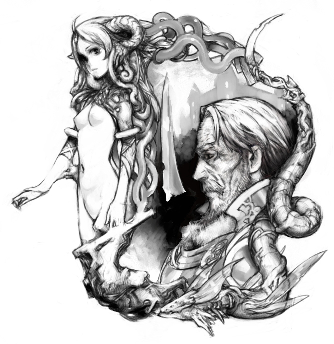 pon (tab rasa), original, 1boy, 1girl, armlet, armor, beard, border, breastplate, breasts, castle, closed mouth, curled horns, demon girl, facial hair, greyscale, horns, inset border, jewelry, long hair, looking ahead, looking at viewer, monochrome, monster, monster girl, mustache, nipples, nude, old, old man, ornate border, short hair, shrug (clothing), simple background, small breasts, tentacle hair, wrinkled skin