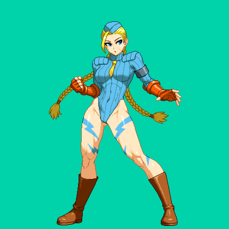 aoi ship, cammy white, street fighter, braided twintails, variant set, 1girl, blonde hair, blue eyes, blue leotard, boots, braid, breasts, facial scar, fingerless gloves, full body, garrison cap, gloves, green background, hair pulled back, hat, leg tattoo, leotard, long hair, low twintails, medium breasts, muscular, muscular female, necktie, pixel art, red gloves, scar, scar on cheek, scar on face, solo, standing, tattoo, twintails, very long hair, yellow necktie