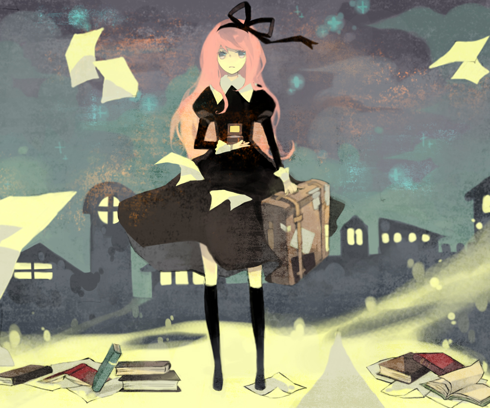mig (36th underground), megurine luka, toki no orgel (vocaloid), vocaloid, bad id, bad pixiv id, black dress, black socks, blue eyes, dress, hair ribbon, long hair, music box, pink hair, ribbon, socks, solo, suitcase, very long hair