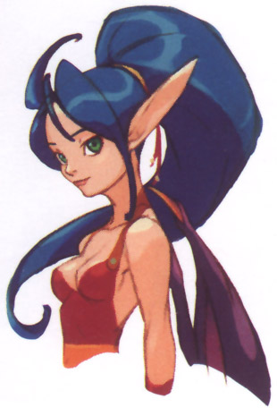 yoshikawa tatsuya, patty the phantom thief, breath of fire, breath of fire ii, capcom, lowres, official art, 1990s (style), 1girl, blue hair, breasts, cleavage, dragon, dragon girl, female focus, green eyes, monster girl, pointy ears, ponytail, retro artstyle, simple background, solo, upper body, white background, wings