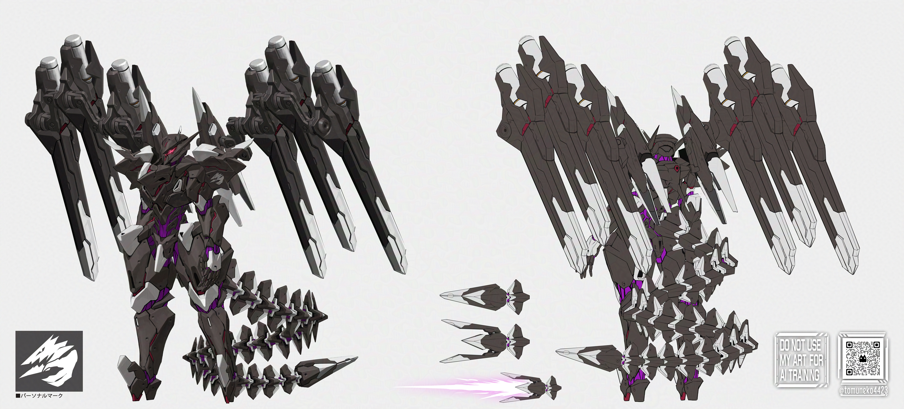 tom-neko (zamudo akiyuki), original, highres, drone, energy sword, flat color, grey background, joints, mecha, mechanical tail, no humans, qr code, reference sheet, robot, robot joints, sword, tail, weapon
