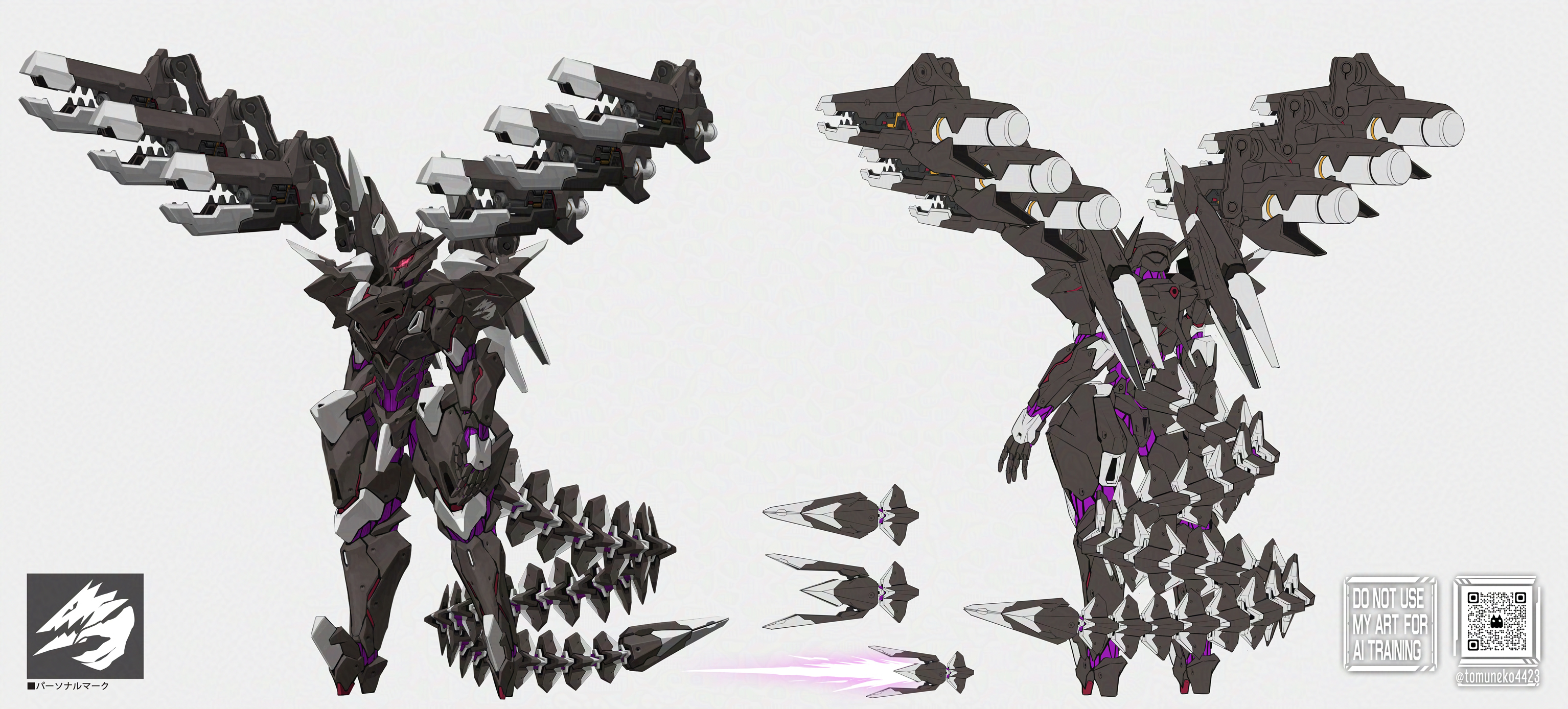 tom-neko (zamudo akiyuki), original, highres, drone, energy sword, flat color, grey background, joints, mecha, mechanical tail, no humans, qr code, reference sheet, robot, robot joints, sword, tail, weapon