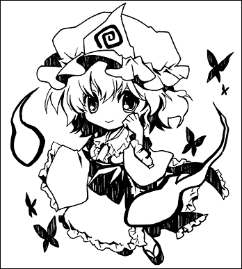 yamadori ofuu, saigyouji yuyuko, touhou, bad id, bad pixiv id, lowres, 1girl, bug, butterfly, chibi, dress, female focus, full body, ghost, greyscale, hat, hitodama, looking at viewer, monochrome, short hair, smile, solo, white background