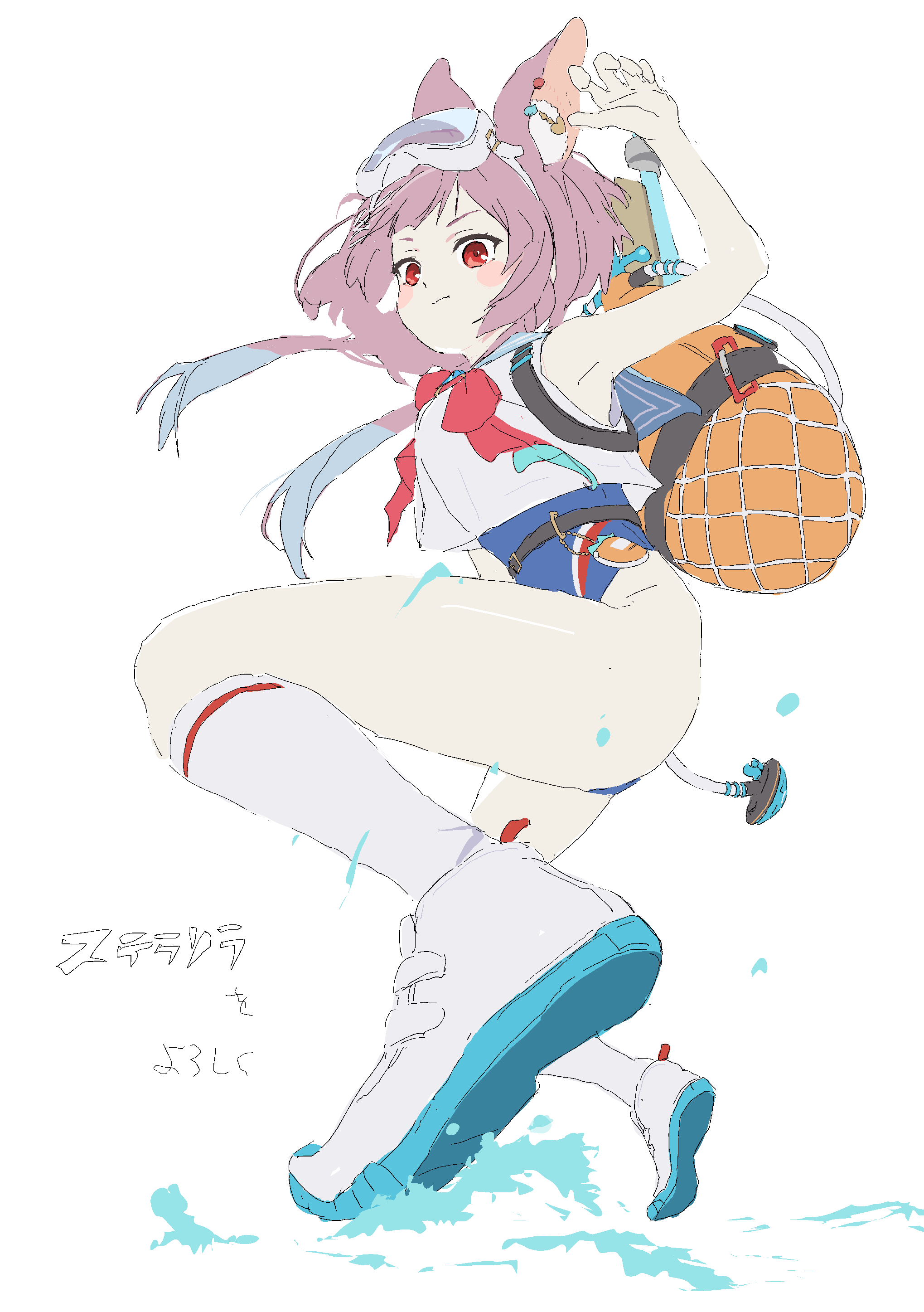 mmmkawaine, stella sora, absurdres, highres, animal ears, blush, pink hair, red eyes, sailor, shoes, simple background, socks, swimsuit, water, white background