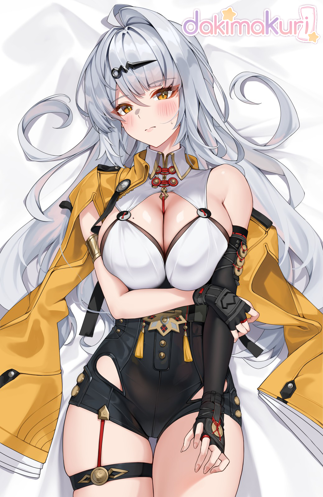 matrix16, yixuan (zenless zone zero), zenless zone zero, gold armlet, commentary, highres, 1girl, arm under breasts, armlet, asymmetrical gloves, black gloves, black unitard, blanket, blush, breasts, cleavage, closed mouth, coin, coin on string, dakimakura (medium), elbow gloves, fingerless gloves, gloves, hair ornament, hairpin, high-waist shorts, jacket, jewelry, large breasts, logo, long hair, looking at viewer, lying, mole, mole on breast, mole on chest, on bed, orange eyes, shorts, single bare shoulder, single elbow glove, single hair intake, solo, sweat, thigh strap, uneven gloves, yellow jacket, yin yang pin