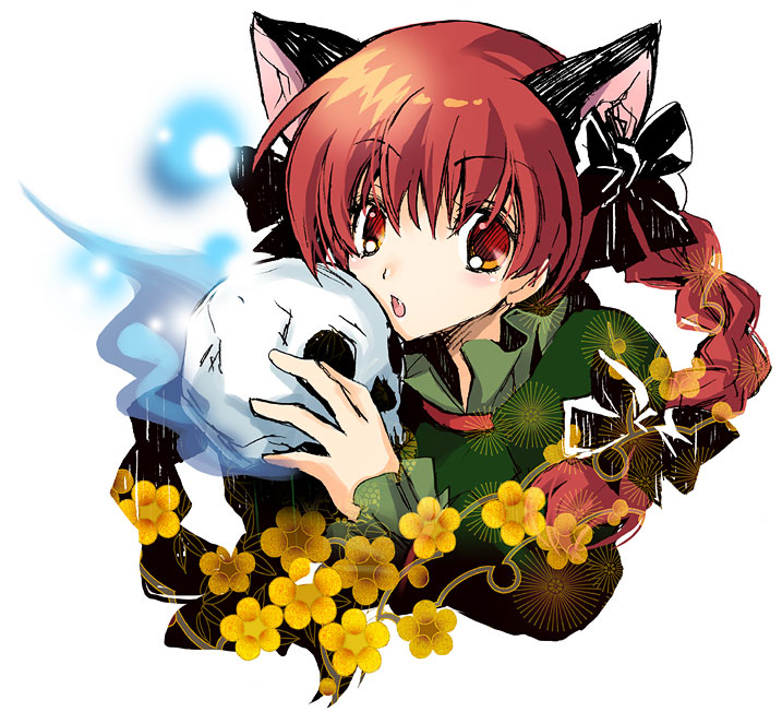 yamadori ofuu, kaenbyou rin, touhou, bad id, bad pixiv id, 1girl, :o, animal ears, braid, cat ears, cat girl, extra ears, fang, female focus, flower, hair ribbon, looking at viewer, plant, red eyes, red hair, ribbon, short hair, skull, solo, twin braids, twintails, white background