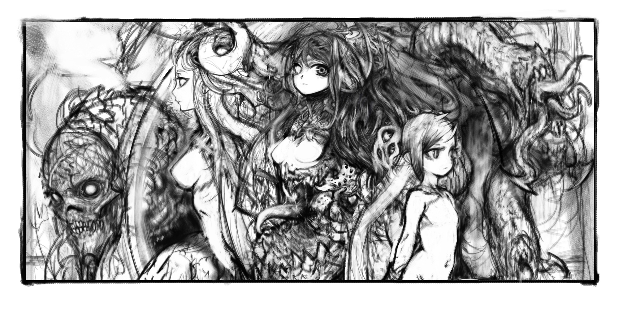 pon (tab rasa), original, highres, 3girls, border, breasts, closed mouth, curled horns, demon, demon girl, expressionless, greyscale, heterochromia, horns, large breasts, long hair, long tongue, looking ahead, looking at viewer, monochrome, monster, multiple girls, navel, no nipples, partially blind, sharp teeth, short hair, sketch, small breasts, stomach mouth, swept bangs, teeth, tentacles, tongue, upper body
