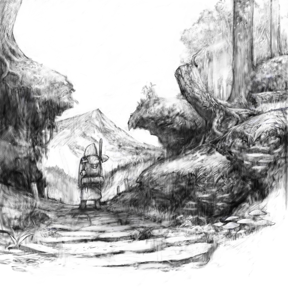 pon (tab rasa), original, 1other, backpack, bag, cliff, day, facing away, from behind, greyscale, hood, hood up, hooded coat, monochrome, mountainous horizon, mushroom, nature, outdoors, path, road, scenery, shovel, solo, standing, tree, tree stump, wide shot