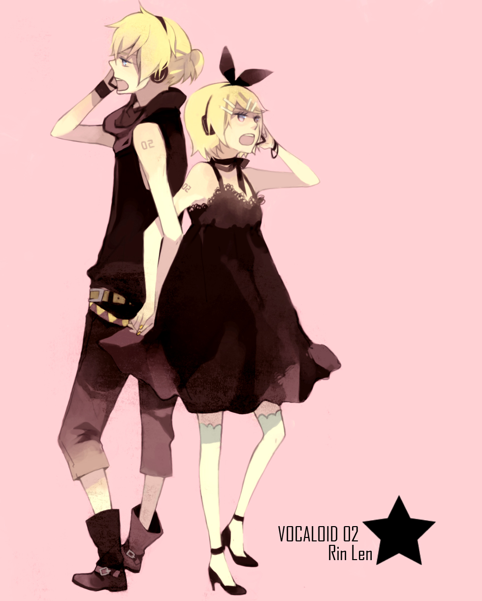 mig (36th underground), kagamine len, kagamine rin, vocaloid, bad id, bad pixiv id, highres, 1boy, 1girl, back-to-back, black dress, blonde hair, blue eyes, brother and sister, dress, hair ribbon, headphones, hetero, holding hands, ribbon, siblings, twins