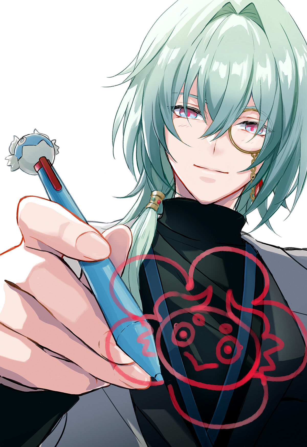 anaxa (honkai: star rail), honkai: star rail, honkai (series), highres, 1boy, alternate costume, aqua hair, black shirt, blue eyes, closed mouth, fingernails, gem, grey jacket, hair between eyes, hair intakes, holding, holding pen, jacket, looking at viewer, male focus, medium hair, open clothes, open jacket, pen, pink pupils, red gemstone, ronigs, shirt, side ponytail, simple background, smile, solo, white background
