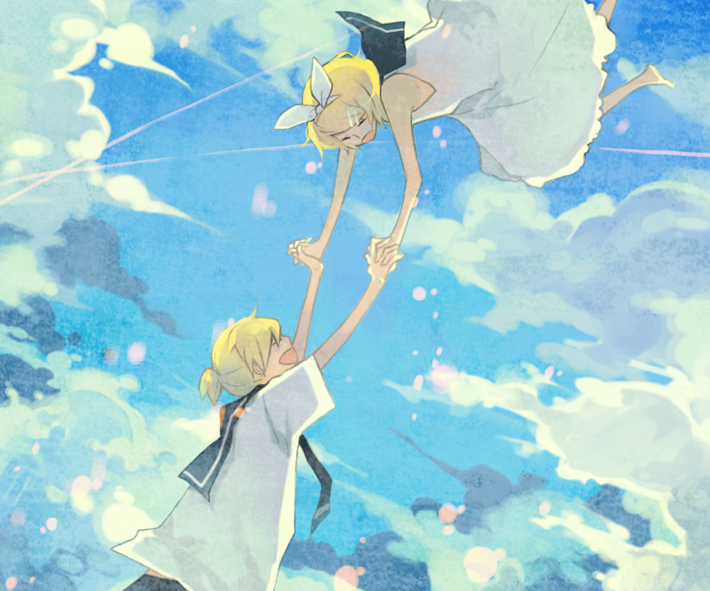 mig (36th underground), kagamine len, kagamine rin, vocaloid, bad id, bad pixiv id, 1boy, 1girl, blonde hair, brother and sister, closed eyes, cloud, day, dress, hair ribbon, hetero, holding hands, ribbon, siblings, twins