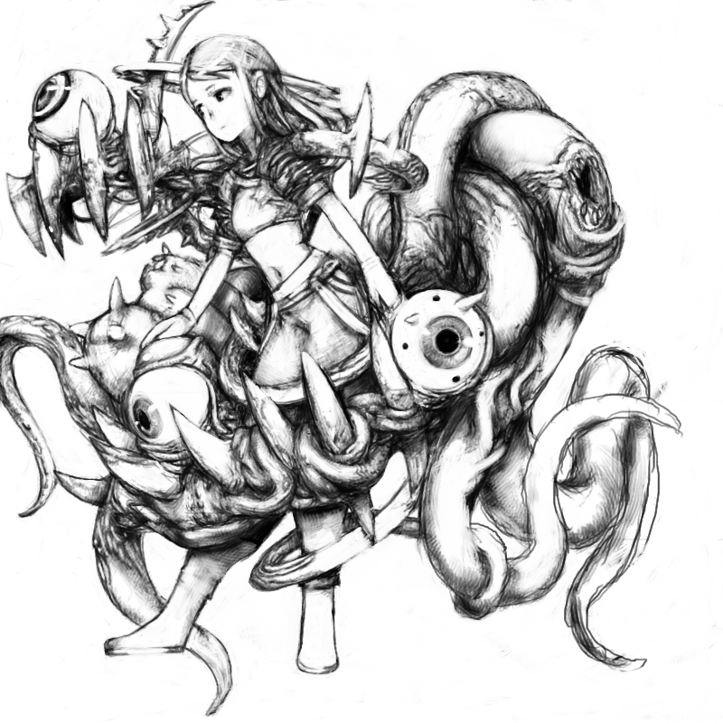 pon (tab rasa), original, commentary request, 1girl, boots, breasts, cropped shirt, eyeball, full body, greyscale, hand rest, long hair, looking ahead, midriff, monochrome, monster, navel, pants, puffy short sleeves, puffy sleeves, sharp teeth, short sleeves, simple background, small breasts, solo, teeth, tentacles