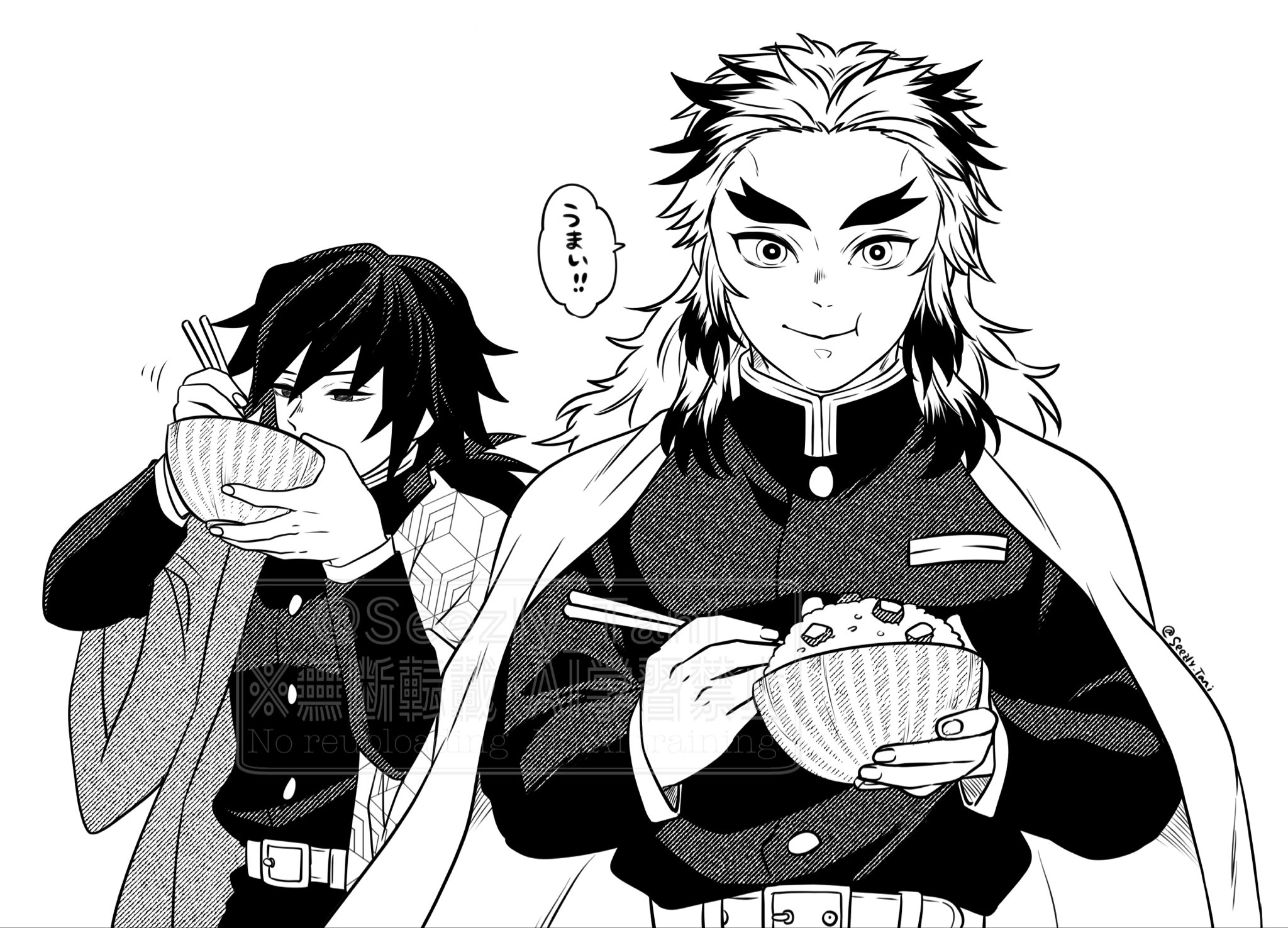 seezly tani, rengoku kyoujurou, tomioka giyuu, kimetsu no yaiba, highres, translation request, 2boys, belt, closed mouth, demon slayer uniform, eating, fingernails, greyscale, hands up, haori, jacket, japanese clothes, kikkoumon, long hair, looking at viewer, male focus, monochrome, multicolored hair, multiple boys, print haori, simple background, speech bubble, spiked hair, two-tone hair, white background