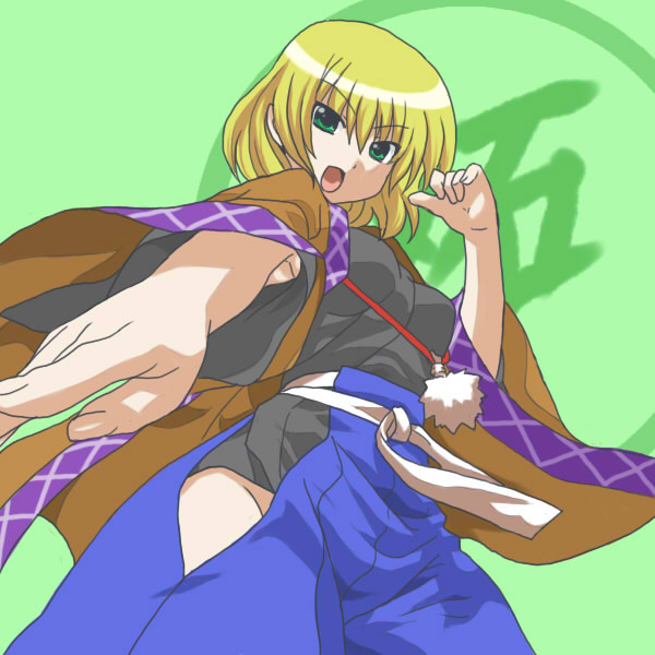 toto (hitori othello), toto (pixiv), mizuhashi parsee, seto no hanayome, touhou, 1girl, blonde hair, blue hakama, female focus, green eyes, hakama, hakama skirt, japanese clothes, parody, pointy ears, short hair, skirt, solo