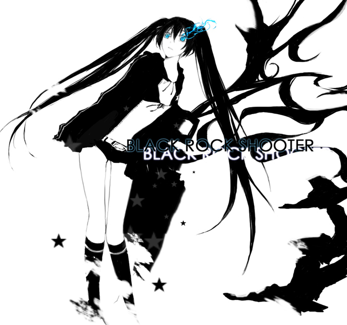 ham (eikasiahhh), black rock shooter (character), black rock shooter, bad id, bad pixiv id, 10s, 1girl, bikini, bikini top only, blue eyes, boots, cape, female focus, food, full body, ham, long hair, midriff, monochrome, navel, shorts, simple background, solo, spot color, swimsuit, twintails