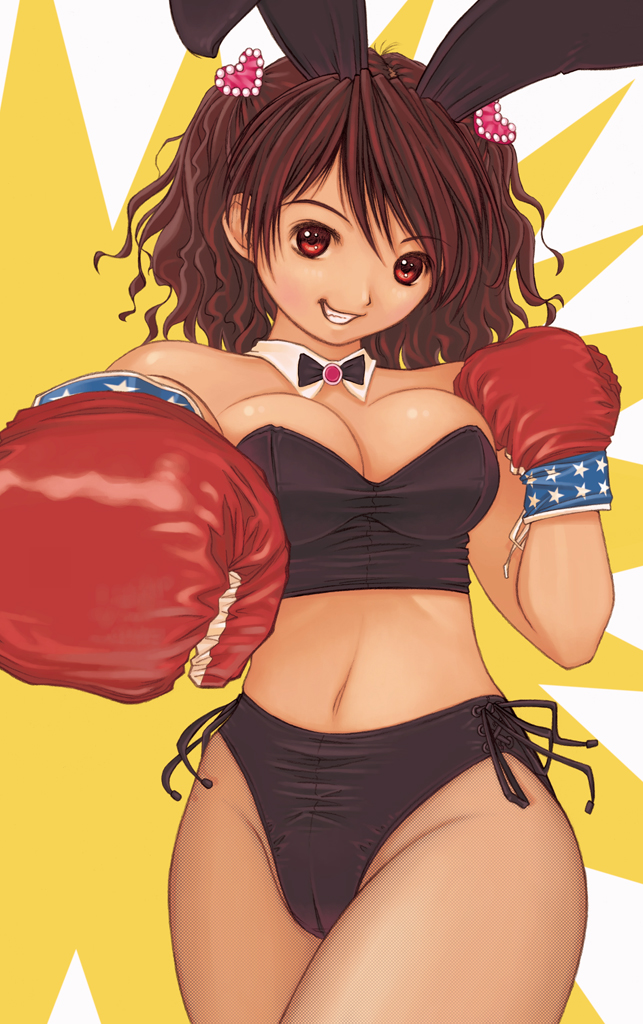 kobayashi yuji, 1girl, animal ears, bare shoulders, boxing gloves, breasts, brown hair, bustier, female focus, gloves, large breasts, lingerie, midriff, panties, rabbit ears, rabbit girl, red eyes, short hair, smile, solo, underwear