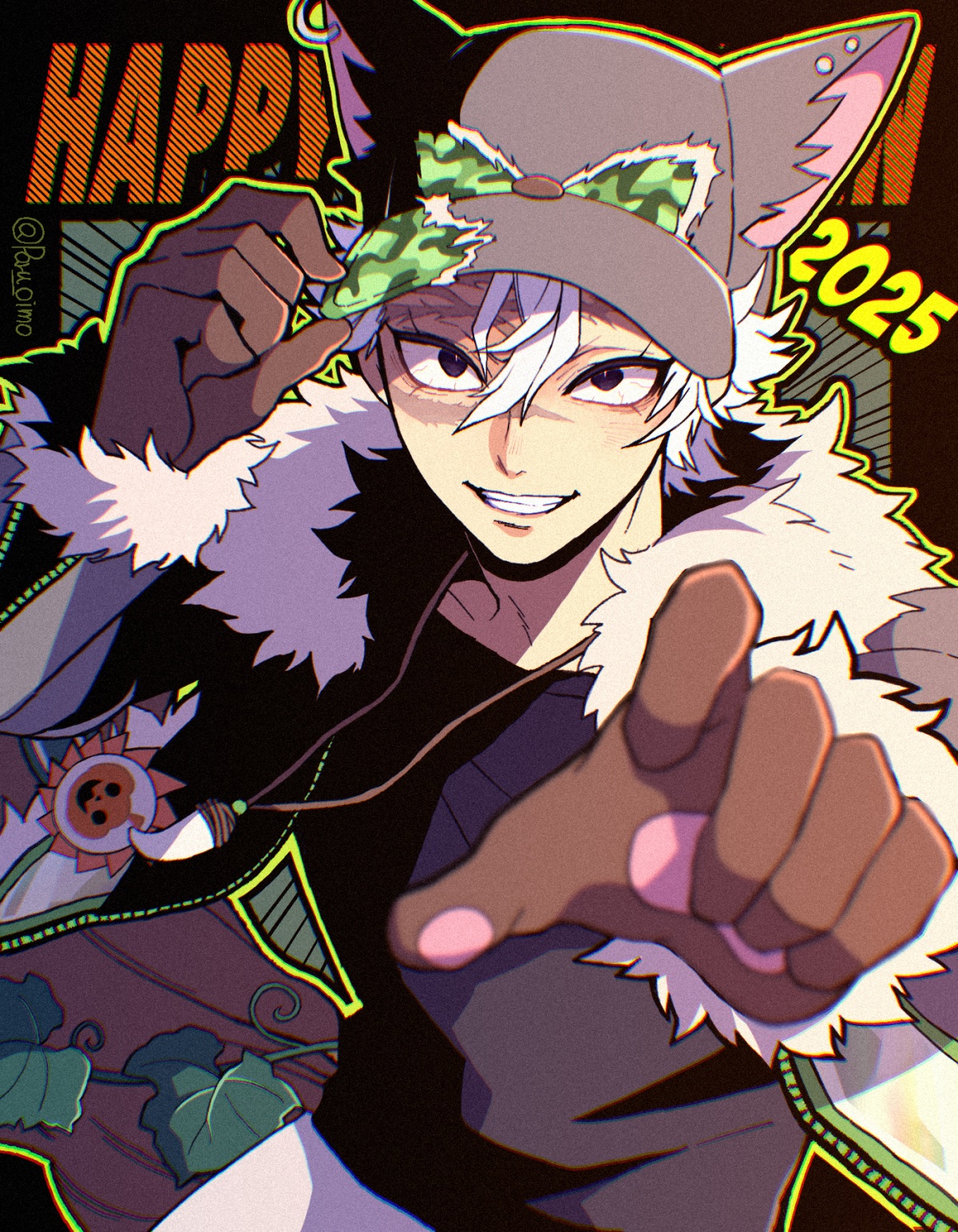 shinazugawa sanemi, kimetsu no yaiba, highres, 1boy, 2025, adjusting clothes, adjusting headwear, alternate costume, animal hat, black shirt, english text, fur-trimmed jacket, fur trim, grey hair, grey jacket, hair between eyes, hat, jacket, looking at viewer, male focus, open clothes, open jacket, pants, paru oimo, purple eyes, shirt, short hair, solo, twitter username, white hair, white pants