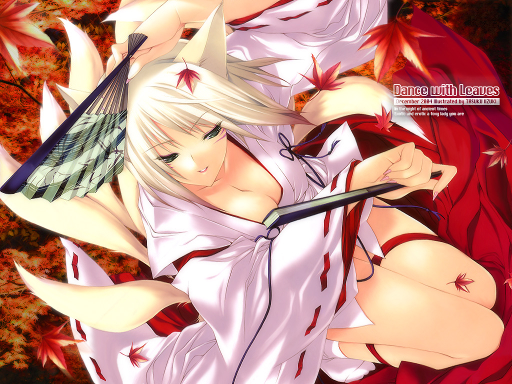 iizuki tasuku, 1girl, animal ears, breasts, cleavage, english text, engrish text, facial mark, female focus, fox, fox ears, fox tail, green eyes, hand fan, japanese clothes, large breasts, leaf, maple leaf, miko, multiple tails, nail polish, pink nails, ranguage, short hair, smile, solo, tabi, tail, white hair