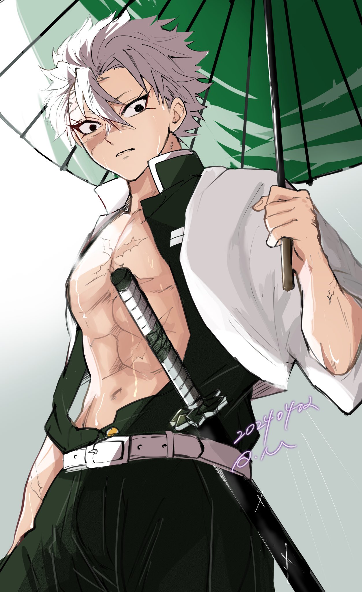 shinazugawa sanemi, kimetsu no yaiba, highres, 1boy, belt, black jacket, black pants, cowboy shot, demon slayer uniform, facial scar, grey hair, hand up, holding, holding umbrella, jacket, katana, kmt ohagi, male focus, pants, parted lips, rain, scar, scar on cheek, scar on face, short hair, solo, spiked hair, sword, umbrella, weapon, wet, white belt