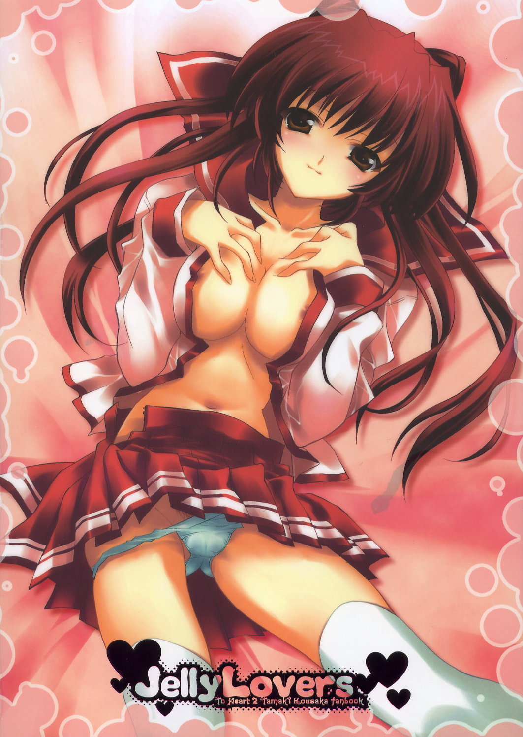 ariko youichi, kousaka tamaki, to heart (series), to heart 2, highres, scan, 00s, 1girl, areola slip, bed, bed sheet, blue panties, blush, breasts, breasts squeezed together, brown eyes, cameltoe, cleavage, cover, female focus, female pubic hair, from above, large breasts, long hair, lying, midriff, navel, nipples, no bra, on back, open clothes, open shirt, open skirt, panties, panty pull, pleated skirt, pubic hair, red hair, school uniform, serafuku, shirt, skirt, smile, solo, thighhighs, underwear, white thighhighs, zettai ryouiki