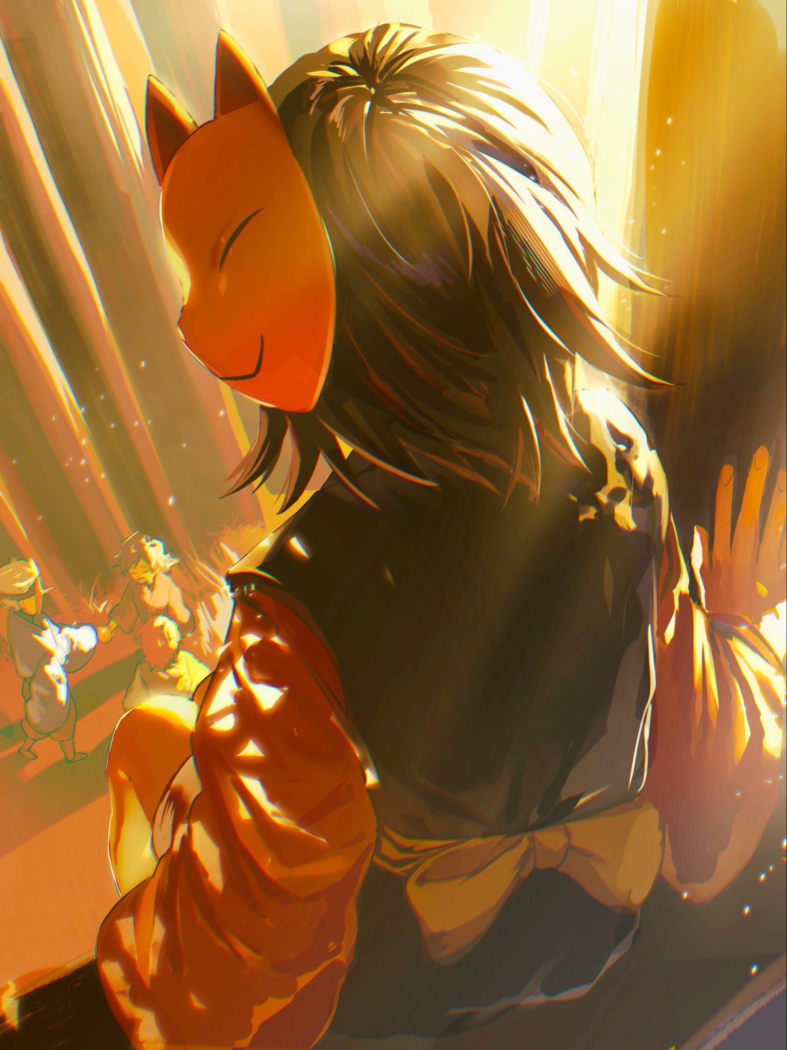 yuui. (merefuseka), makomo (kimetsu), tomioka giyuu, urokodaki sakonji, kimetsu no yaiba, highres, 1girl, 2boys, blue kimono, forest, fox mask, from behind, grass, japanese clothes, kimono, long hair, mask, mask on head, multiple boys, nature, outdoors, red kimono, sitting, spiked hair, sunlight, tengu mask, wide sleeves