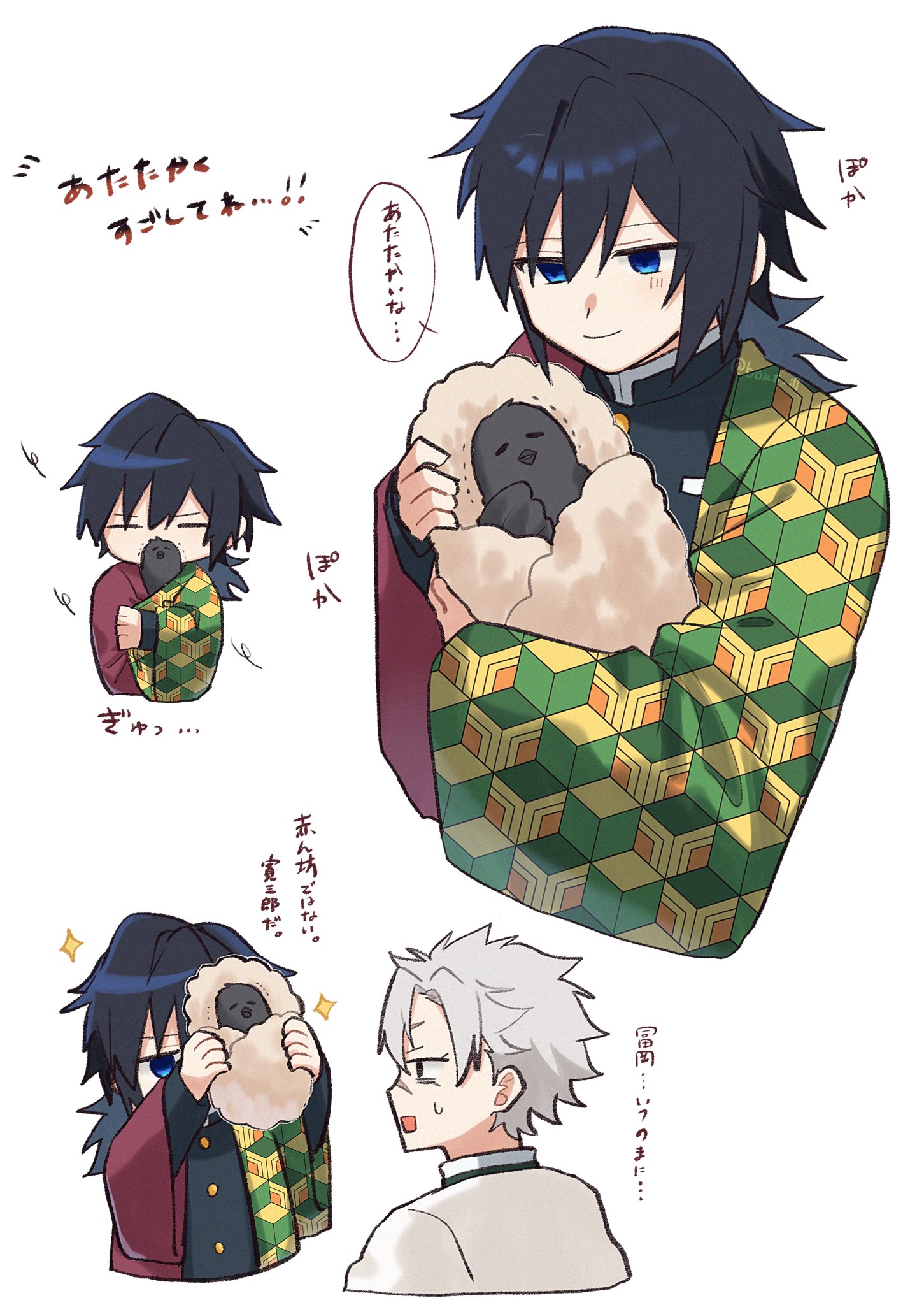 kanzaburou (kimetsu no yaiba), tomioka giyuu, kimetsu no yaiba, highres, translation request, 2boys, bird, black hair, black jacket, blue eyes, bont ill, chibi, closed eyes, crow, demon slayer uniform, grey hair, haori, high collar, jacket, japanese clothes, kikkoumon, long hair, low ponytail, male focus, multiple boys, multiple views, ponytail, print haori, red haori, short hair, speech bubble, spiked hair, sweatdrop, upper body