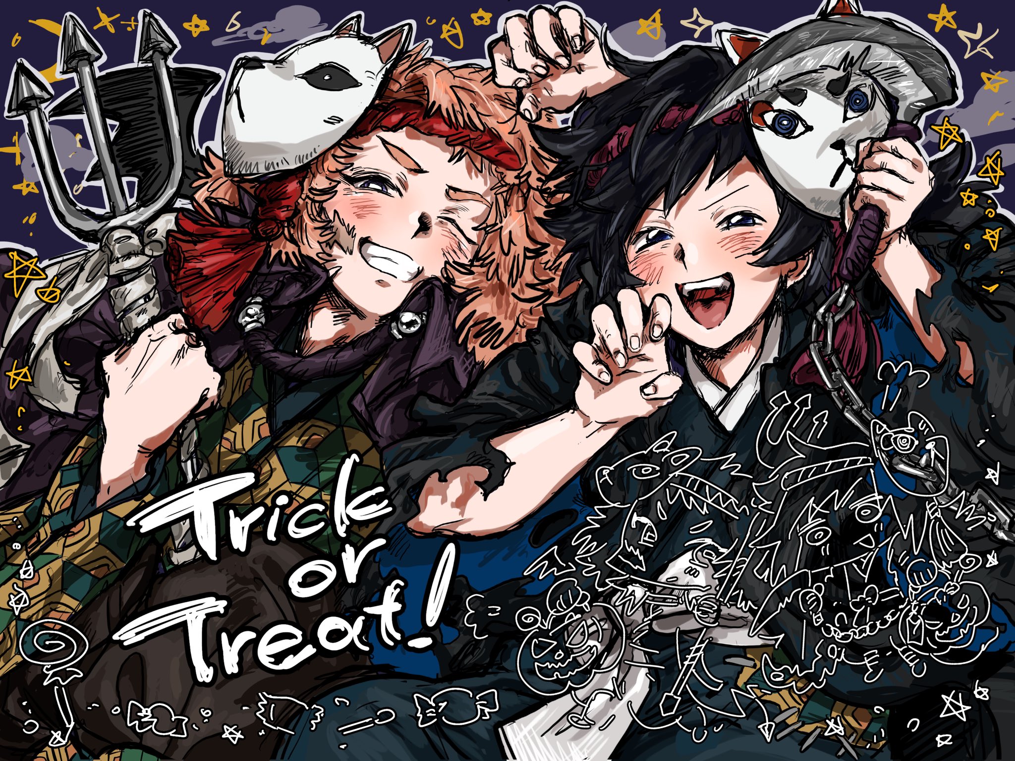sabito (kimetsu), tomioka giyuu, kimetsu no yaiba, highres, 2boys, alternate costume, black hair, black kimono, blue eyes, clenched teeth, english text, fox mask, holding, japanese clothes, kikkoumon, kimono, looking at viewer, male focus, mask, multiple boys, multiple views, open mouth, orange hair, paw pose, print kimono, pumpkin, purple eyes, smile, spiked hair, teeth, tongue, trick or treat, upper teeth only, x8 rhexp