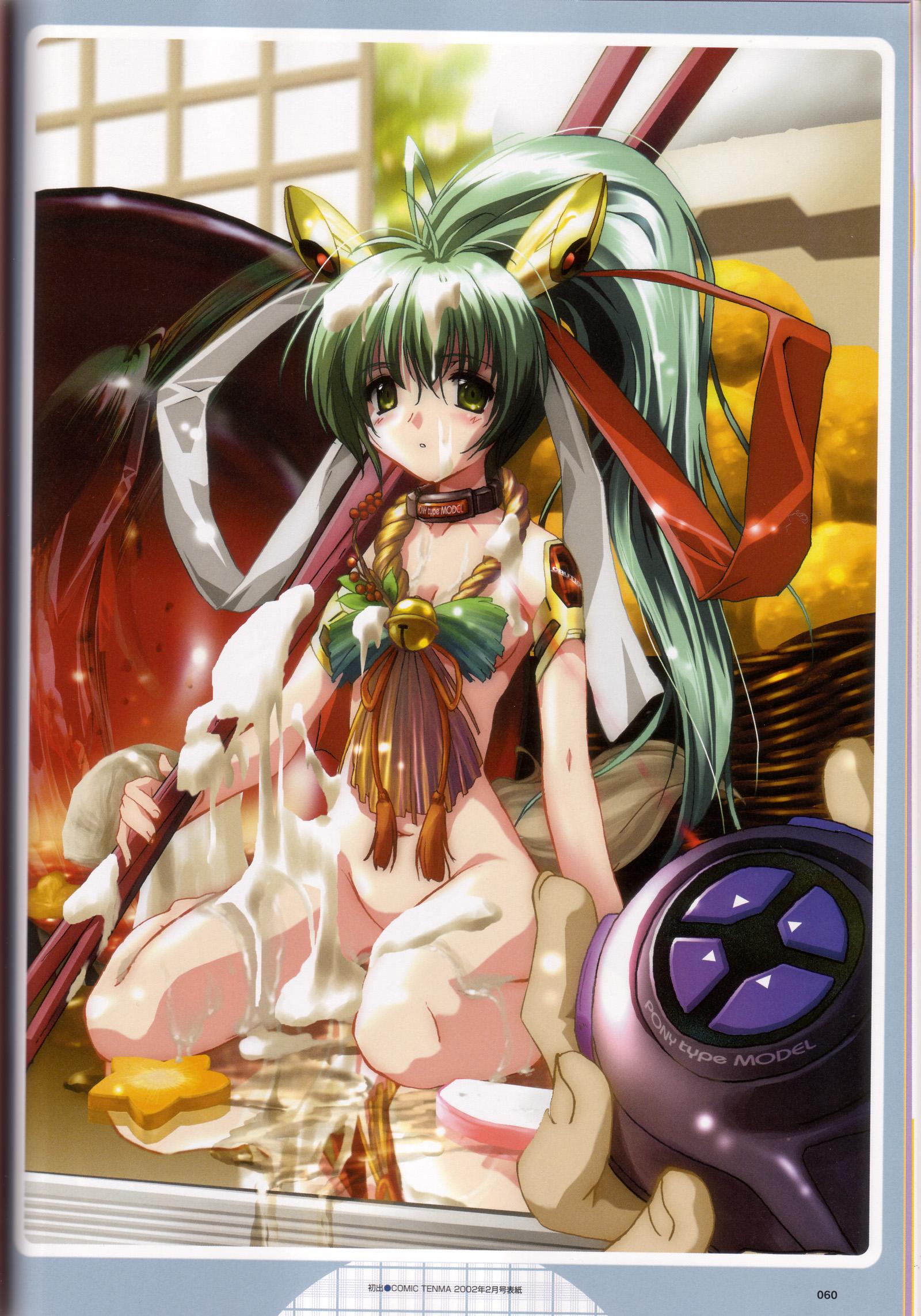 komatsu eiji, highres, scan, 1girl, blush, bottomless, green eyes, green hair, hair ribbon, long hair, mini person, minigirl, no bra, no panties, no pussy, ponytail, ribbon