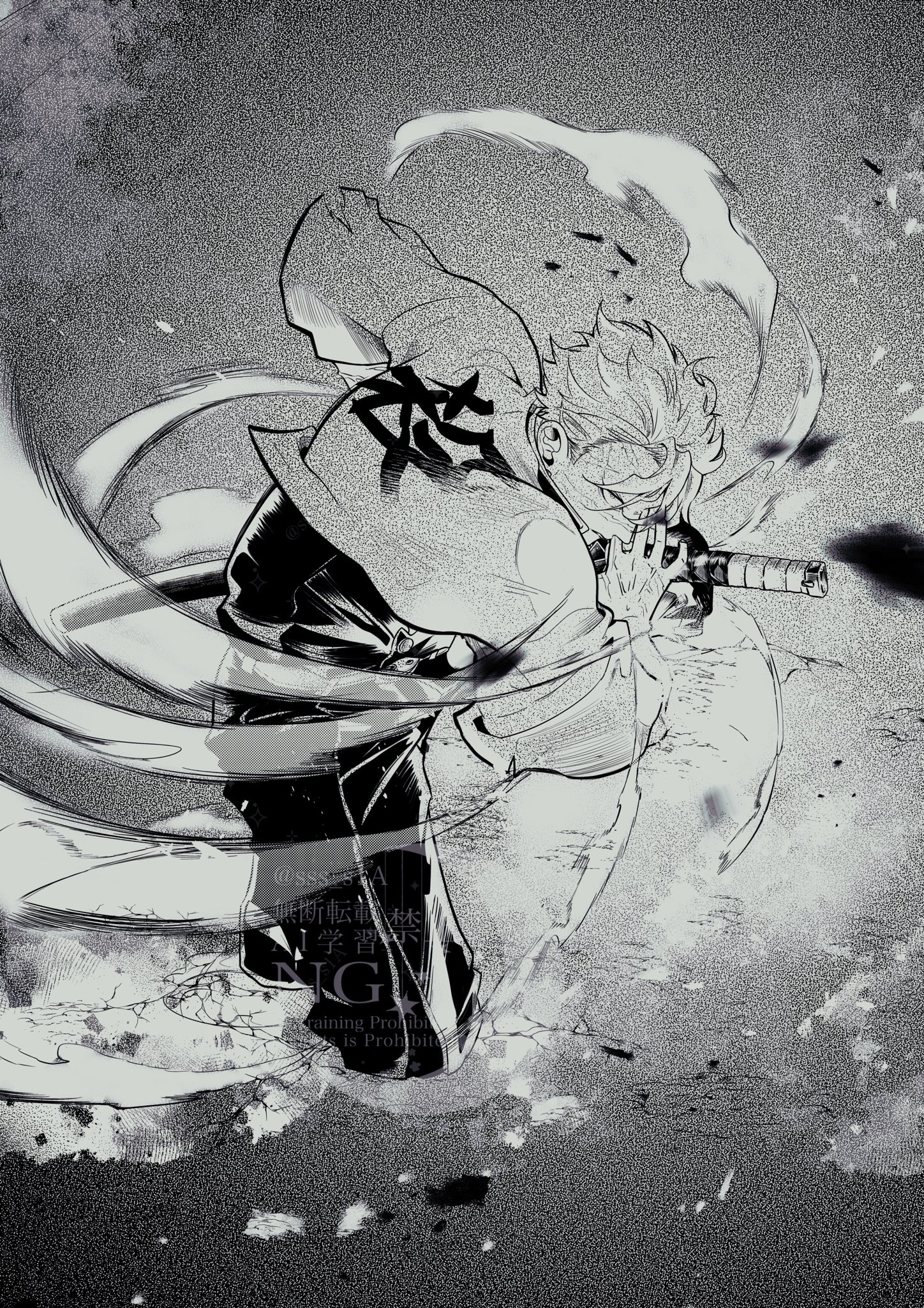 shinazugawa sanemi, kimetsu no yaiba, highres, 1boy, clothes writing, demon slayer uniform, english text, full body, greyscale, holding, holding sword, holding weapon, jacket, katana, male focus, monochrome, pants, parted lips, scar, scar on face, short hair, solo, spiked hair, sss s1a, sword, teeth, veins, veiny hands, watermark, weapon