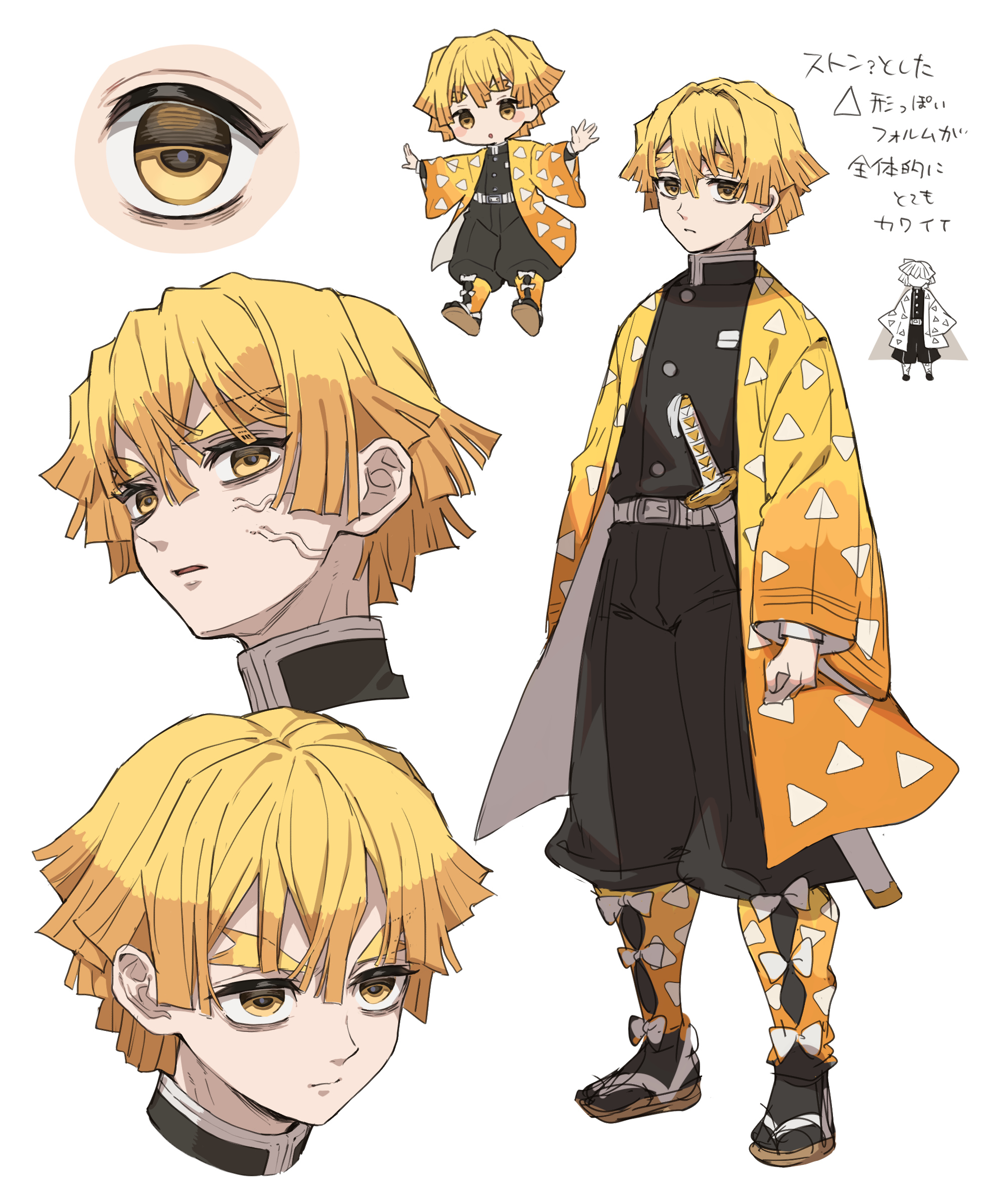 nerune j, agatsuma zenitsu, kimetsu no yaiba, absurdres, highres, translation request, 1boy, black jacket, black pants, blonde hair, chibi, closed mouth, full body, haori, high collar, jacket, japanese clothes, katana, male focus, multiple views, pants, parted lips, print haori, short hair, simple background, solo, standing, sword, triangle print, veiny face, weapon, white background, yellow eyes, yellow haori