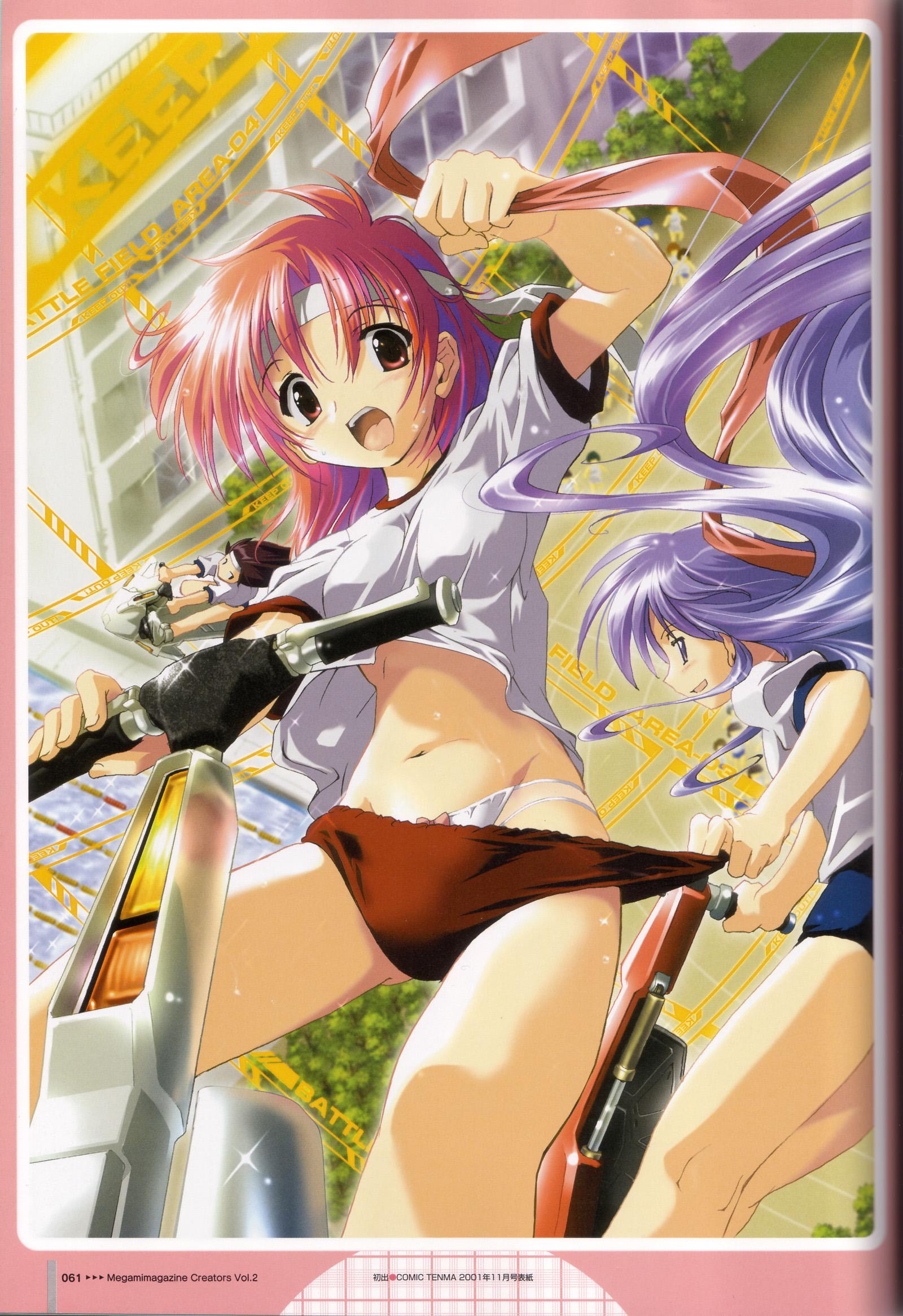 komatsu eiji, highres, buruma, long hair, midriff, panties, pantyshot, pink hair, purple hair, red eyes, ribbon, short hair, sweat, underwear