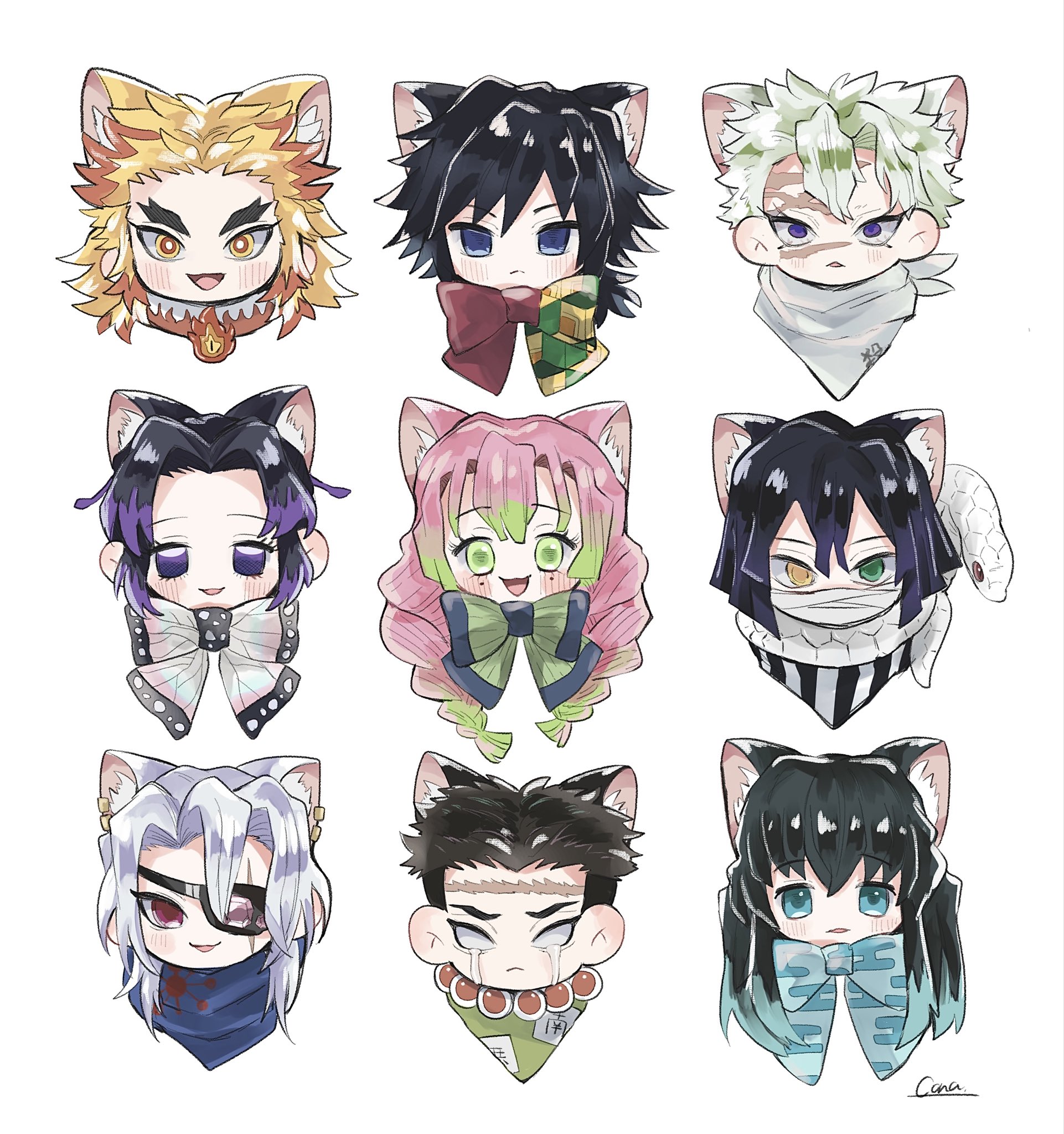 himejima gyoumei, iguro obanai, kanroji mitsuri, kochou shinobu, rengoku kyoujurou, shinazugawa genya, shinazugawa sanemi, tokitou muichirou, tomioka giyuu, kimetsu no yaiba, highres, 2girls, 6+boys, animal ears, bandages over mouth, blank eyes, blonde hair, blue eyes, blush, bow, bowtie, chibi, chibi only, cocona kmt, empty eyes, eyepatch, green hair, heterochromia, long hair, looking at viewer, multicolored hair, multiple boys, multiple girls, open mouth, pink hair, purple eyes, purple hair, red eyes, scar, scar on face, short hair, smile, snake, spiked hair, two-tone hair