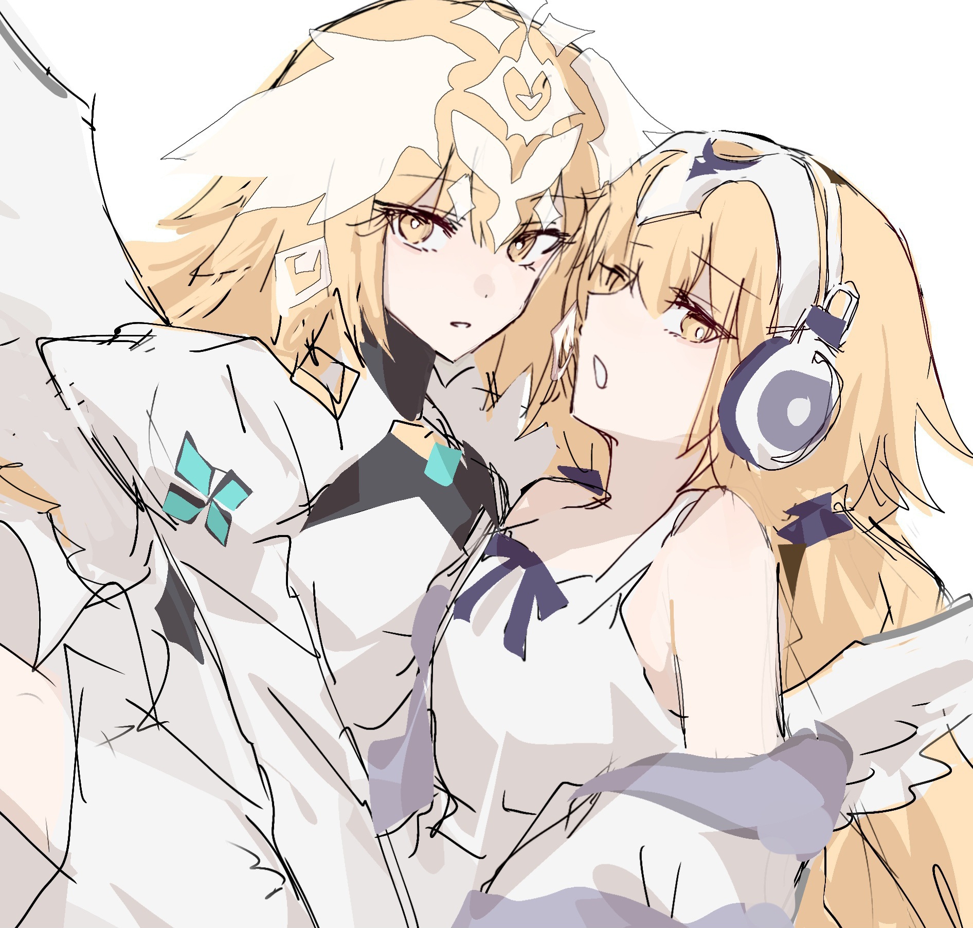 nekwnek, jeanne d'arc (fate), metatron jeanne (fate), metatron jeanne (second ascension) (fate), metatron jeanne (third ascension) (fate), fate/grand order, fate (series), highres, 2girls, angel wings, blonde hair, dress, dual persona, feathered wings, headphones, long hair, looking at viewer, multiple girls, simple background, sleeveless, sleeveless dress, very long hair, white background, white dress, wings, yellow eyes