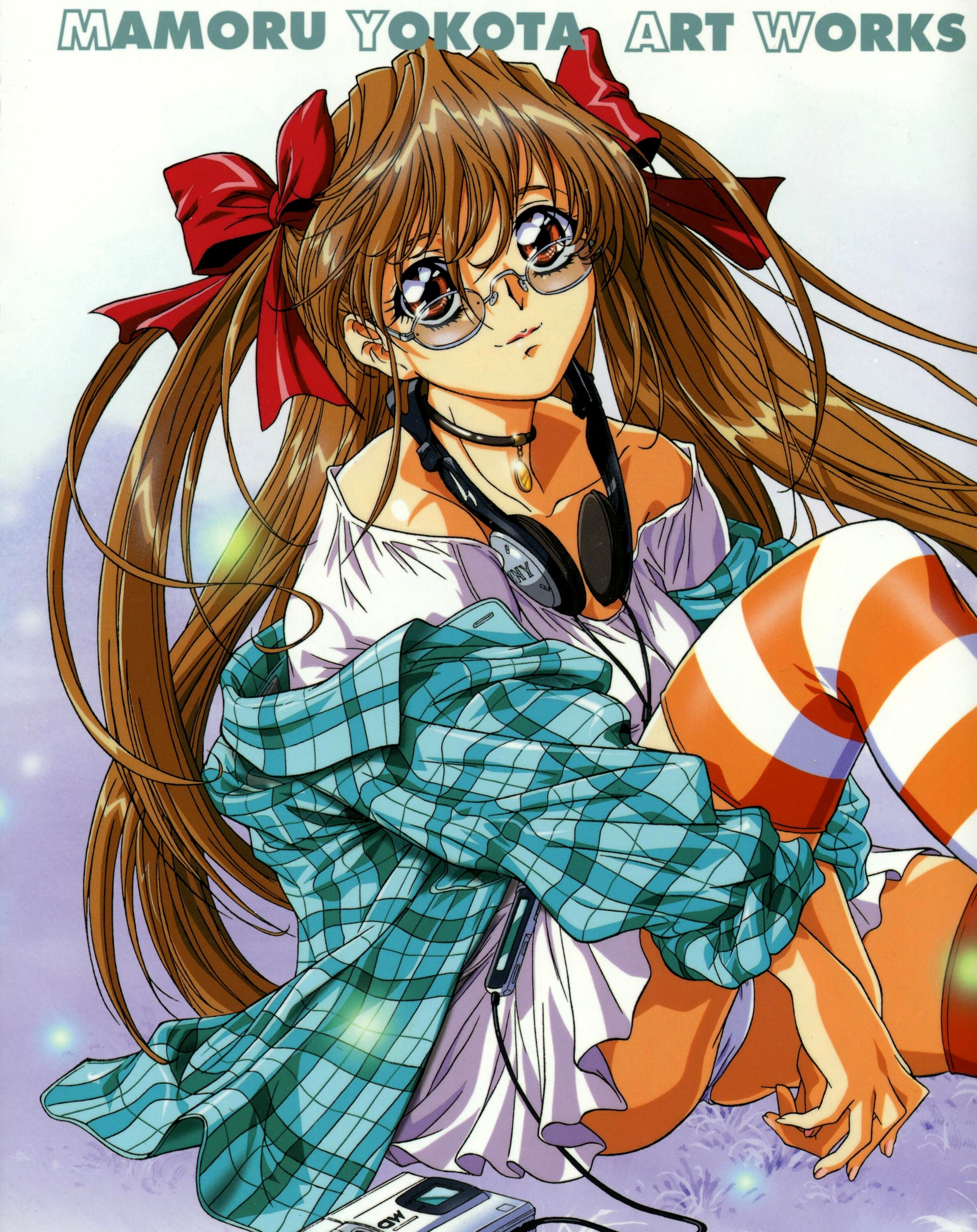 yokota mamoru, plaid, absurdres, highres, 1girl, bare shoulders, brown eyes, brown hair, choker, female focus, glasses, hair ribbon, headphones, long hair, minidisc player, off shoulder, orange eyes, panties, pantyshot, ribbon, sitting, skirt, solo, striped clothes, striped thighhighs, thighhighs, twintails, underwear, white panties, zettai ryouiki