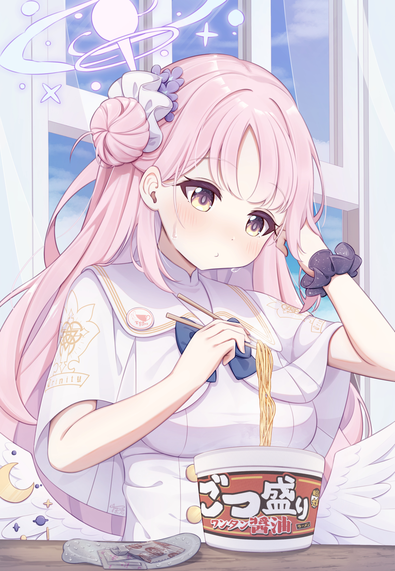 matchamassa, mika (blue archive), blue archive, highres, 1girl, angel wings, blue bow, bow, breasts, buttons, capelet, chopsticks, crescent, double-breasted, dress, eating, feathered wings, flower, food, hair bun, hair flower, hair ornament, halo, holding, holding chopsticks, indoors, instant ramen, long hair, low wings, medium breasts, noodles, pink hair, pink halo, purple eyes, purple flower, ramen, single hair bun, single side bun, solo, sweat, very long hair, white capelet, white dress, white wings, window, wing ornament, wings