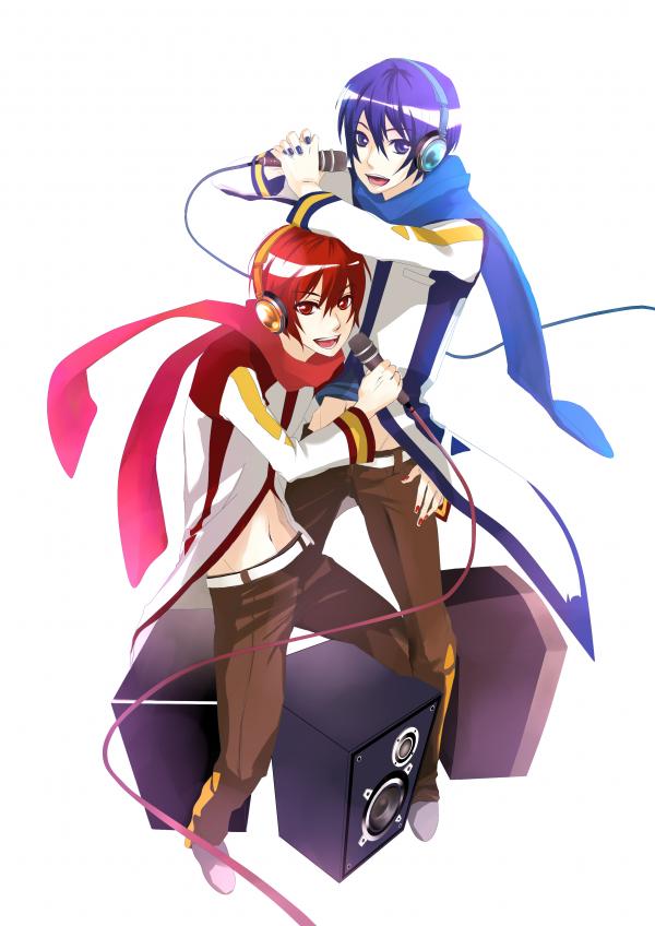 mimi (artist), mimi (haruhaiiyone), akaito, kaito (vocaloid), vocaloid, 2boys, blue eyes, blue hair, blue scarf, headphones, male focus, microphone, multiple boys, red eyes, red hair, red scarf, scarf, simple background, white background