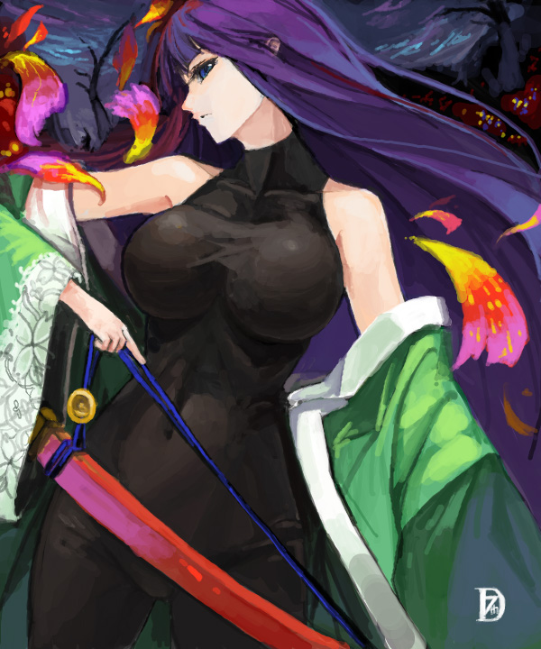 pupps, ran (7th dragon), samurai (7th dragon), 7th dragon, 7th dragon (series), 1girl, bodysuit, breasts, female focus, japanese clothes, katana, large breasts, latex, long hair, purple hair, skin tight, solo, sword, weapon