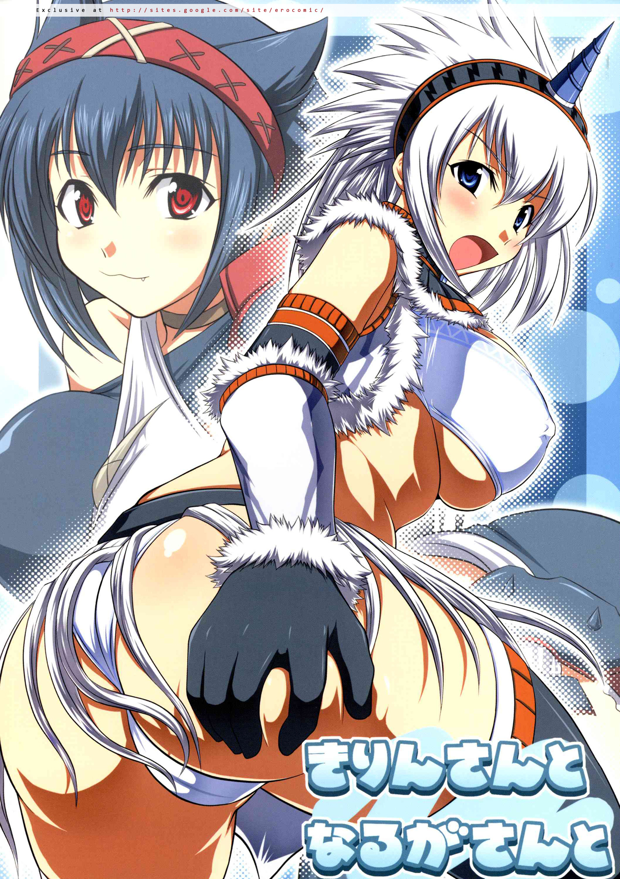 akino hamo, capcom, monster hunter (series), highres, 2girls, :3, ass, bent over, blue eyes, blue hair, breasts, covered erect nipples, elbow gloves, fang, gloves, grabbing own ass, hairband, horns, kirin (armor), large breasts, looking back, multiple girls, nargacuga (armor), open mouth, red eyes, single horn, thighhighs, underboob, white hair