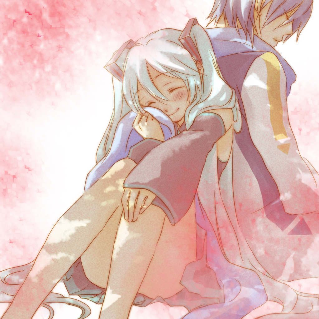 yoyorugi, hatsune miku, kaito (vocaloid), vocaloid, 1boy, 1girl, aqua hair, back-to-back, blue hair, blue scarf, blush, closed eyes, detached sleeves, long hair, scarf, smile, twintails