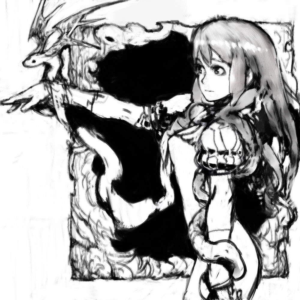 pon (tab rasa), original, 1girl, animal, animal on hand, arm at side, breasts, closed mouth, cowboy shot, expressionless, greyscale, long hair, looking ahead, monochrome, outside border, outstretched arm, perching, puffy short sleeves, puffy sleeves, ribbed sleeves, short sleeves, small breasts, snake, solo, standing, winged animal