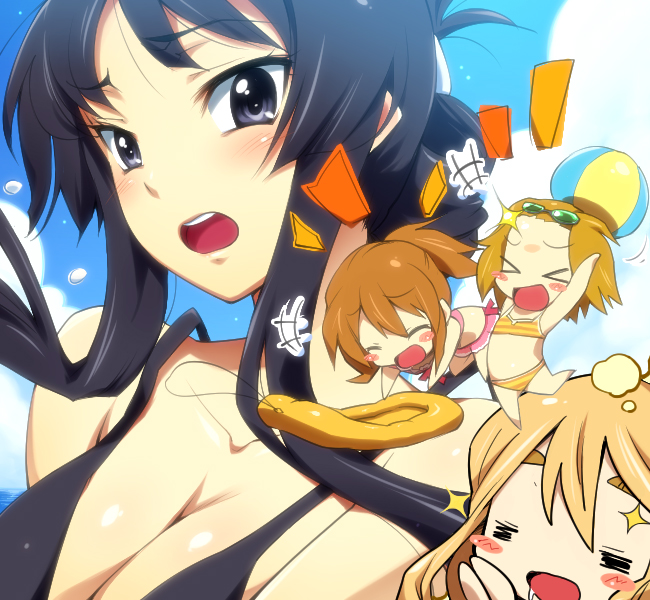 hairu, akiyama mio, hirasawa yui, kotobuki tsumugi, tainaka ritsu, k-on!, > <, 00s, 4girls, = =, ball, beachball, bikini, black bikini, black eyes, black hair, blush, breasts, chibi, cleavage, closed eyes, cloud, day, ho-kago tea time, large breasts, long hair, medium breasts, multiple girls, sky, striped bikini, striped clothes, sunglasses, swimsuit
