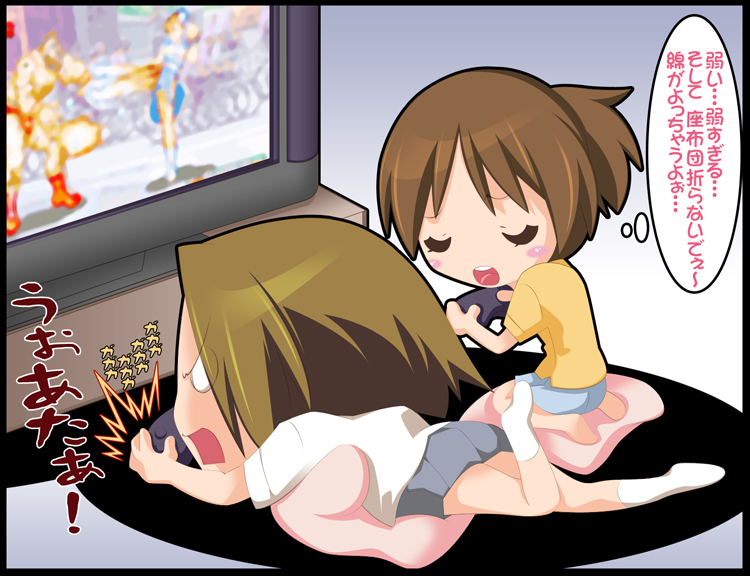 akaho sakura, chun-li, hirasawa ui, tainaka ritsu, zangief, capcom, k-on!, street fighter, bad id, bad pixiv id, translation request, 00s, 2girls, barefoot, brown hair, chibi, closed eyes, controller, joystick, kneeling, lying, multiple girls, on stomach, open mouth, pantyhose, pillow, playing games, ponytail, short hair, socks, television, tomboy, video game