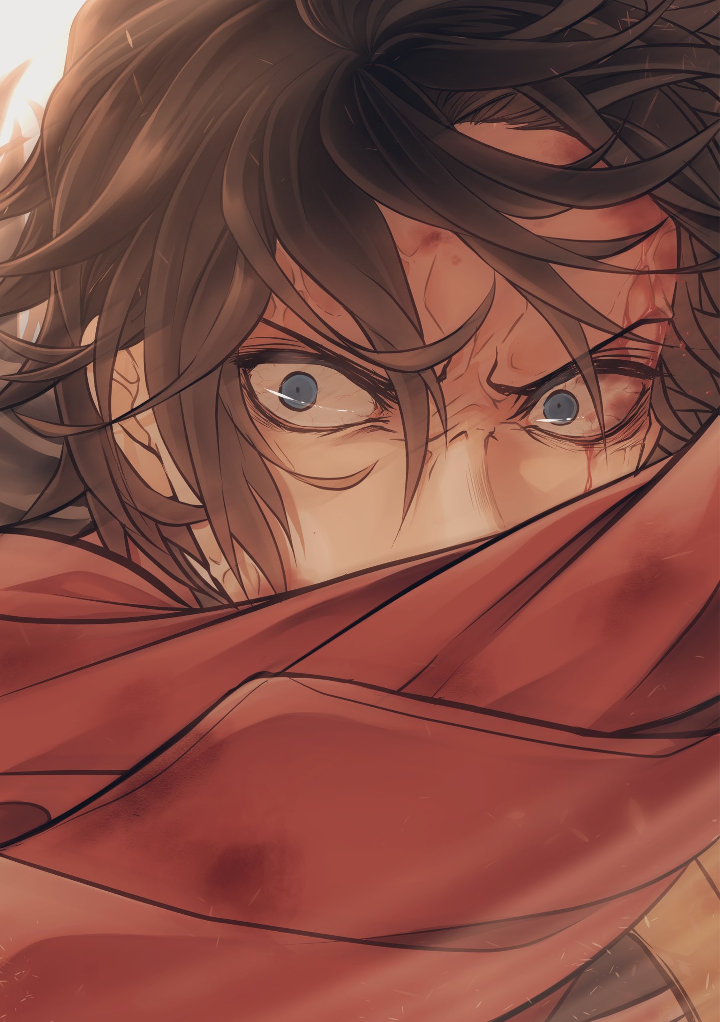 tomioka giyuu, kimetsu no yaiba, highres, 1boy, black hair, black jacket, blood, blood on face, blue eyes, close-up, constricted pupils, covered mouth, frown, hair between eyes, haori, jacket, japanese clothes, looking at viewer, male focus, outstretched arm, red haori, serious, solo, spiked hair, upper body, v-shaped eyebrows, white background, yougetu6