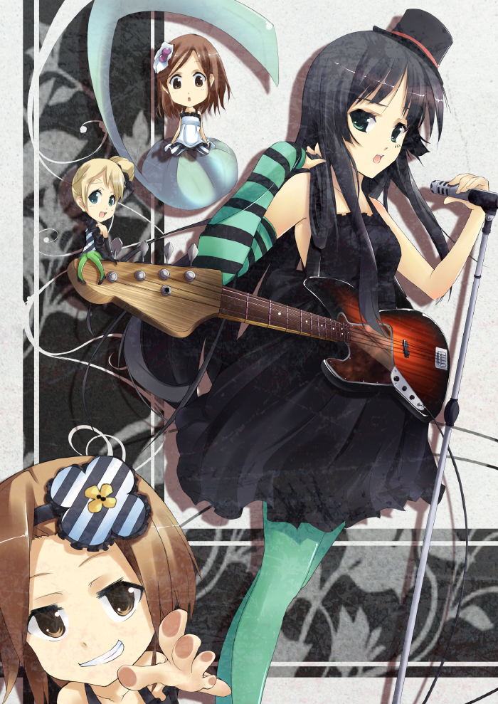 m.h, akiyama mio, hirasawa yui, kotobuki tsumugi, tainaka ritsu, don't say "lazy", k-on!, 00s, 4girls, black hair, blue pantyhose, chibi, fingerless gloves, gloves, green eyes, guitar, hat, ho-kago tea time, instrument, long hair, microphone, microphone stand, mini hat, mini top hat, multiple girls, pantyhose, top hat