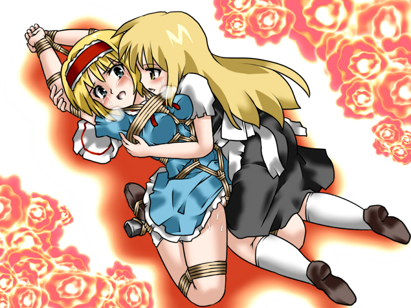 lilish, alice margatroid, kirisame marisa, touhou, 2girls, bdsm, blonde hair, blue eyes, blush, bondage, bound, breasts, breath, crotch rope, female focus, femdom, frogtie, frottage, hairband, hat, multiple girls, panties, rope, shibari, short hair, spreader bar, tears, underwear, wet, wet clothes, wet panties, yellow eyes, yuri